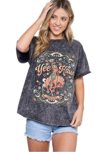 Zutter Black Yee Haw Snow Dye Botanical Women's Tee Shirt in Curvy Sizes K5738X-2031-BLK