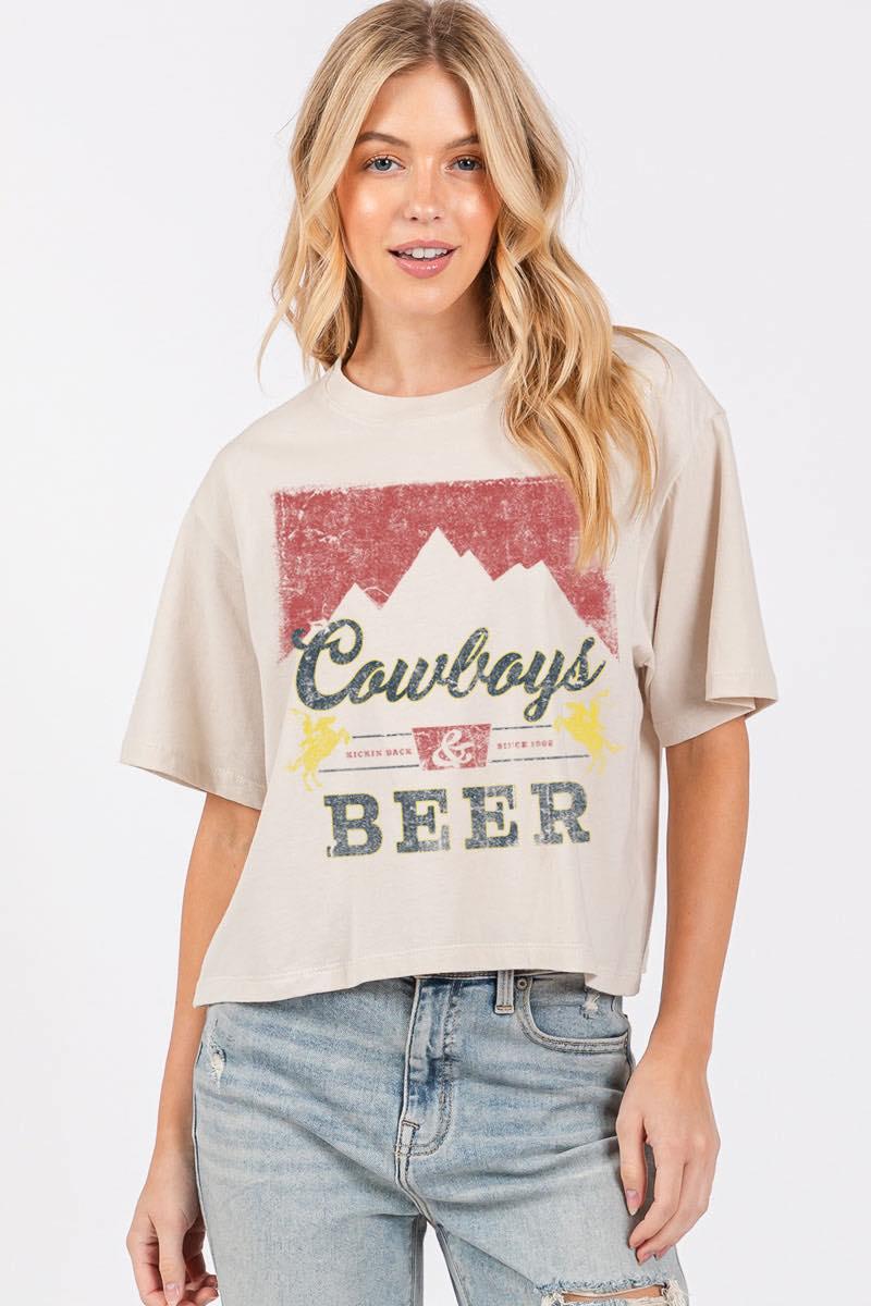 Zutter Bone Cowboys and Beer Women's Oversized Short Sleeve Crop T-Shirt K4949-8977-BONE