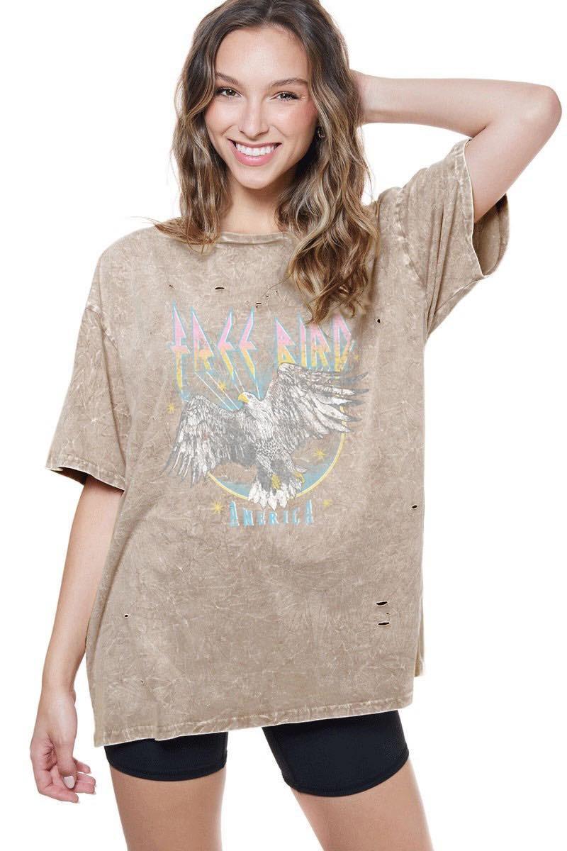 Zutter Mocha Free Bird America Women's Distressed Vintage Look Tee K6280-5108-LATT
