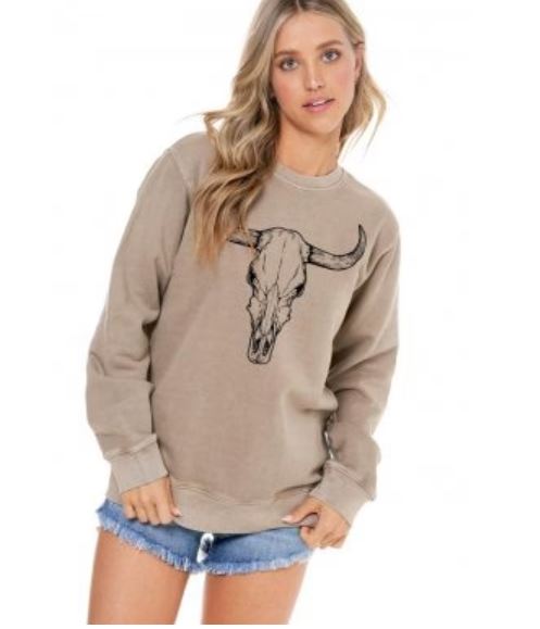 Zutter Mocha Longhorn Mineral Washed Plush Terry Women's Vintage Sweatshirt K8911-2938