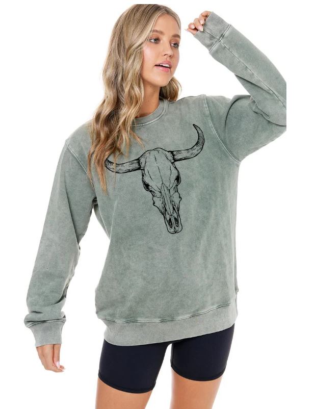 Zutter Olive Longhorn Mineral Wash Plush French Terry Women's Vintage Sweatshirt K8911-2398-OLV