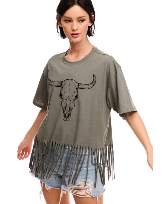 Zutter Olive Vintage Longhorn Women's Relaxed Fit Tee Shirt with Fringe K1525-2938-OLV