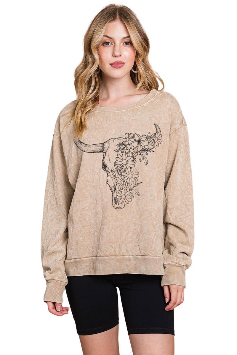 Zutter Taupe Longhorn with Flowers Women's Sweatshirt K8229-9289-TAUP