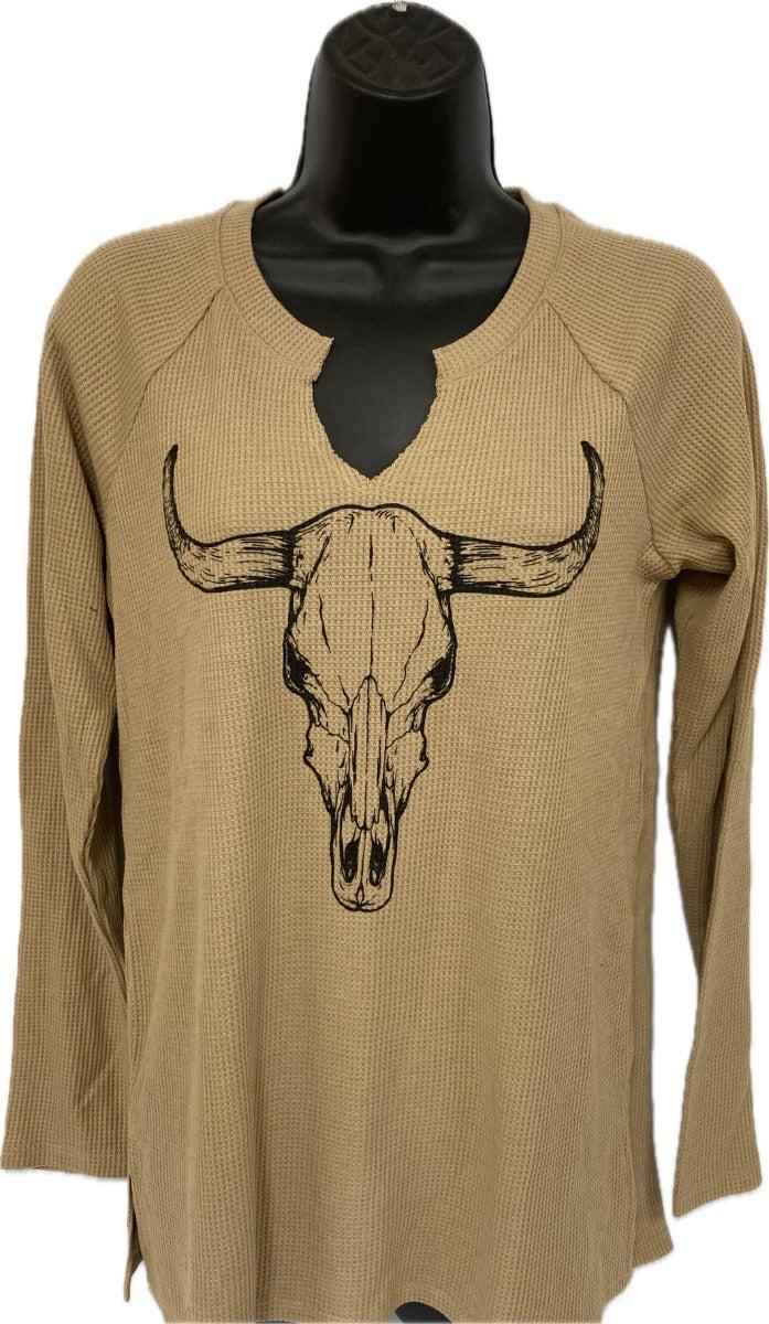 Zutter Taupe Longhorn Women's V-Neck Longsleeve Waffle T-Shirt K5678-2938