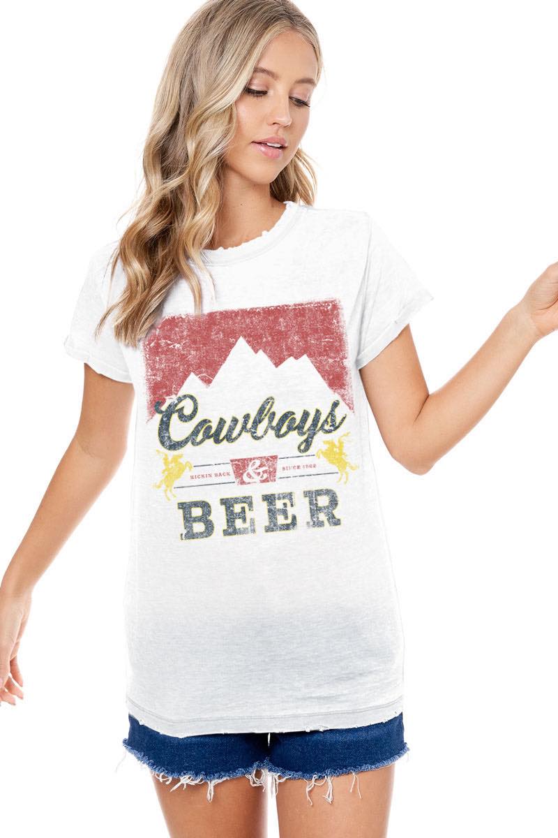 Zutter White Cowboys and Beer Women's Graphic T-Shirt K2017-8977-WHT